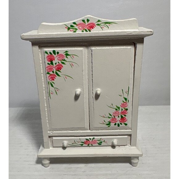 Hand-Painted Miniature Wooden Cabinet & Shelf Set With Floral Design Dollhouse - Picture 3 of 12
